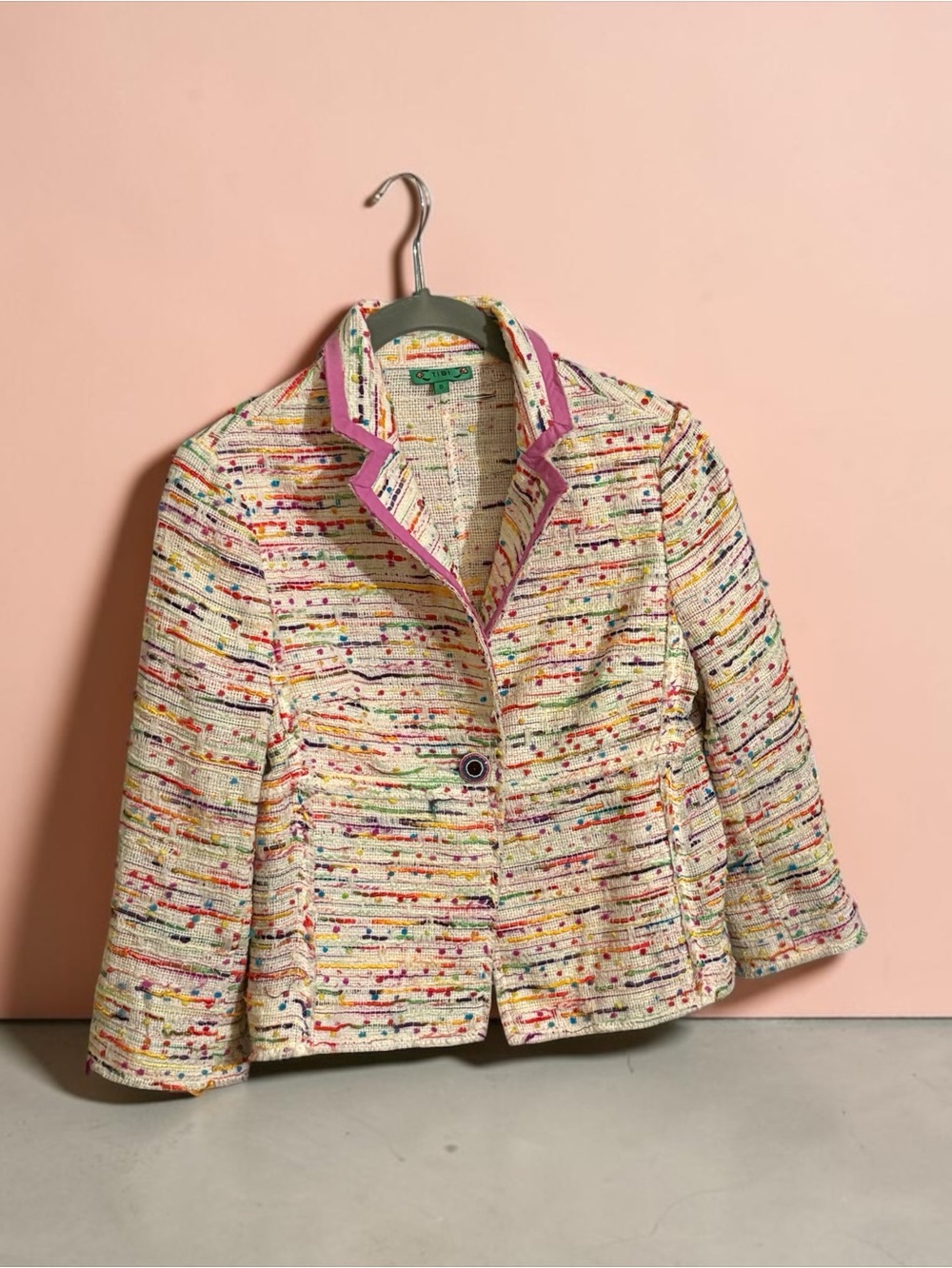 Tibi Confetti tweed jacket Cream Multicolor ribbon weave with Pink Trim 2010ish - Picture 3 of 5